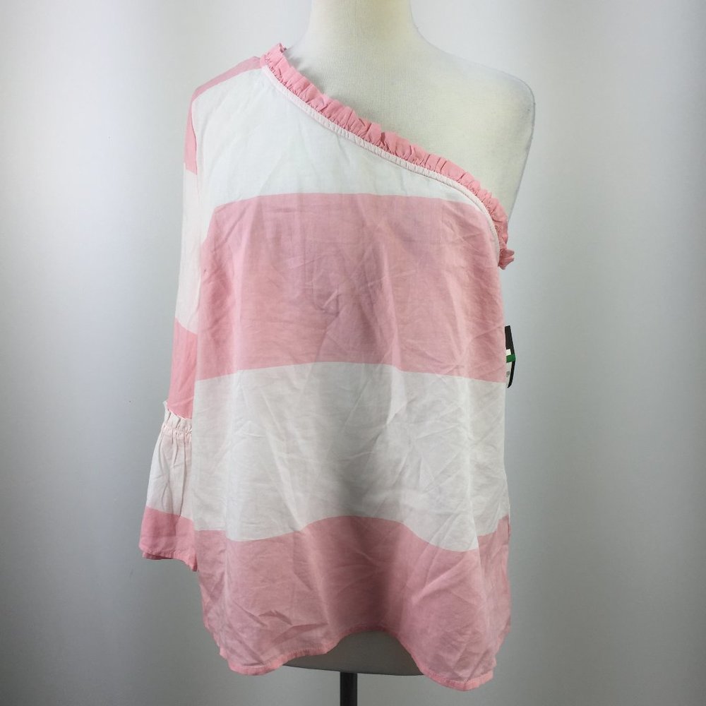 crown & ivy Pink and White One-Shoulder Blouse